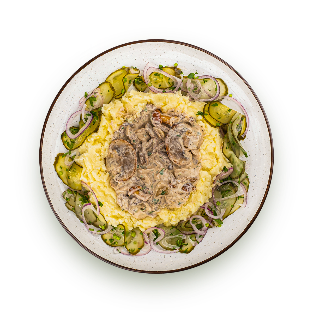 Бефстроганов с пюре и солеными огурцами