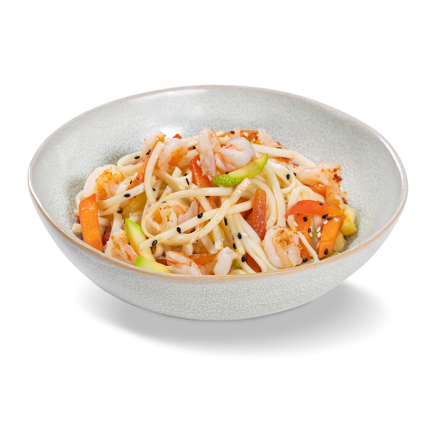 Лапша удон с креветками и овощами с соусом терияки
