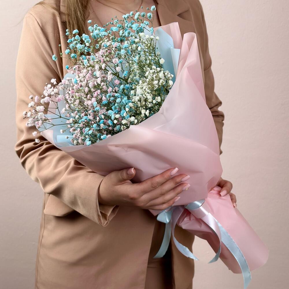 Нежный букет из голубой, розовой и белой гипсофилы, 3 веточки