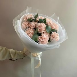 Моно букет из 11 диантусов с эвкалиптом