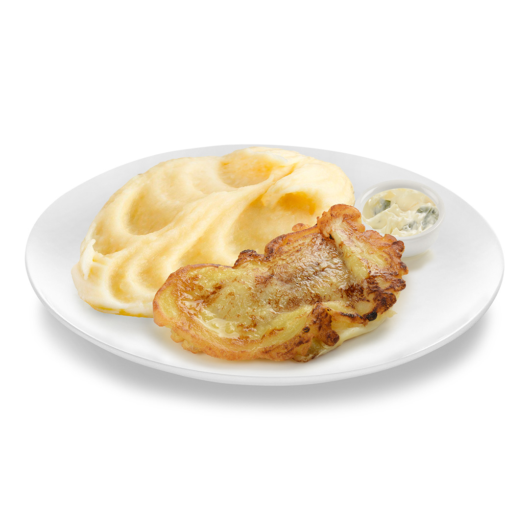 Атлантический минтай в кляре с картофельным пюре и соусом айоли