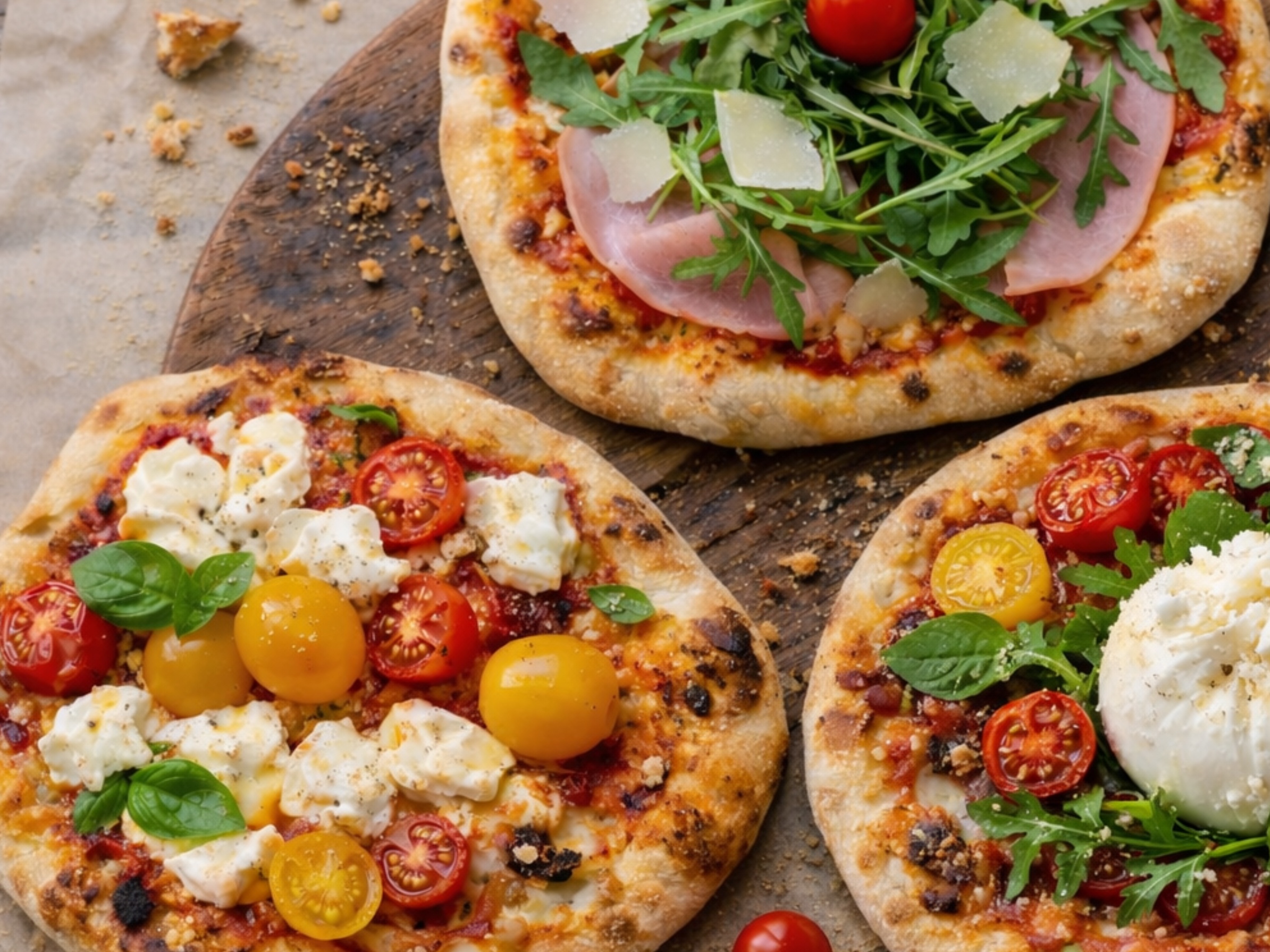 Римское трио Пицца Парма (405 г), Пицца с бурратой (390 г), Пицца Маргарита (372 г)