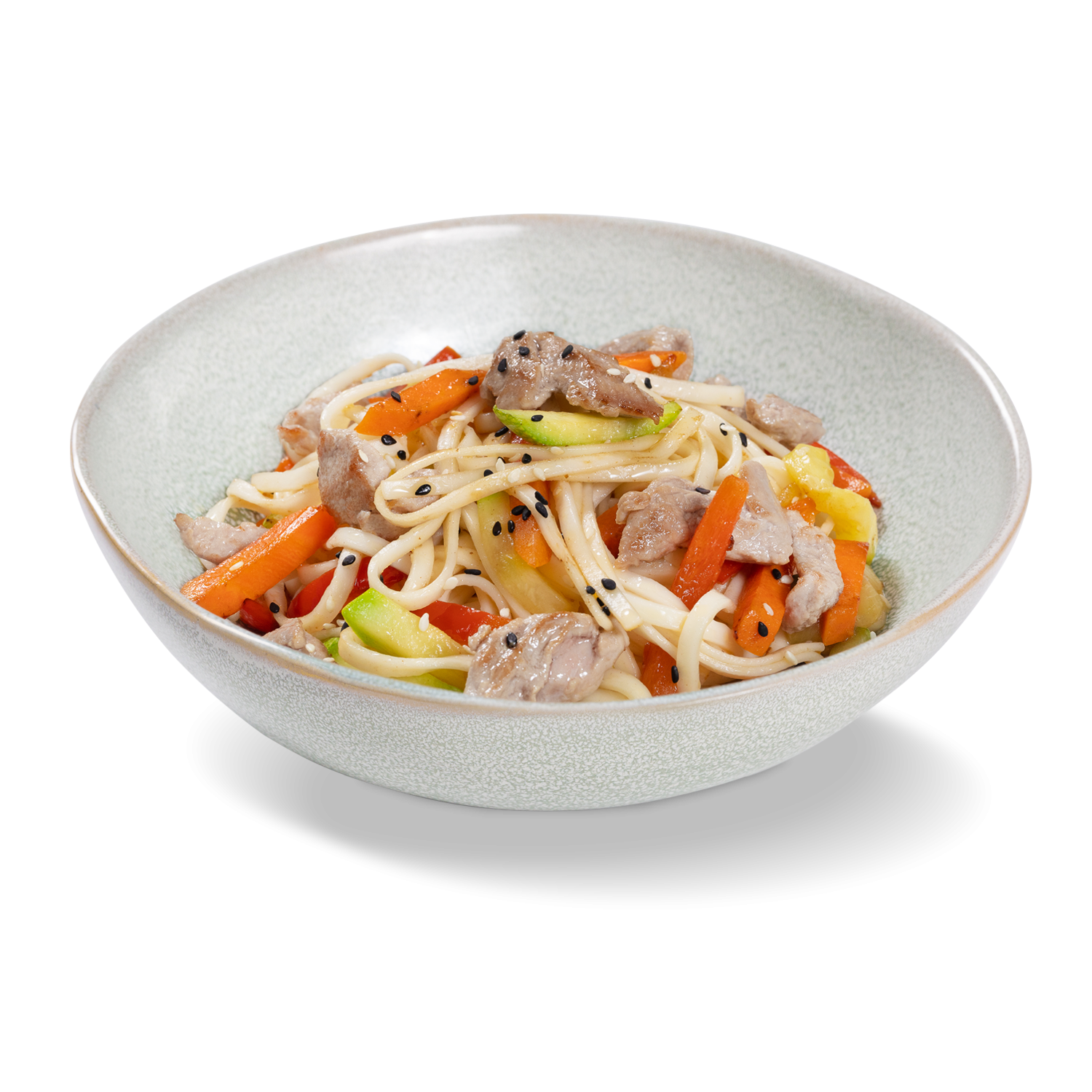Лапша удон со свининой и овощами с соусом терияки