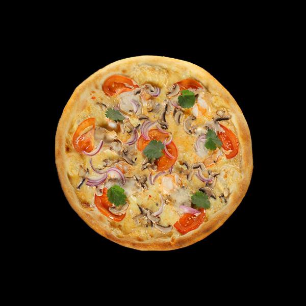Пицца с креветками рукколой и томатами