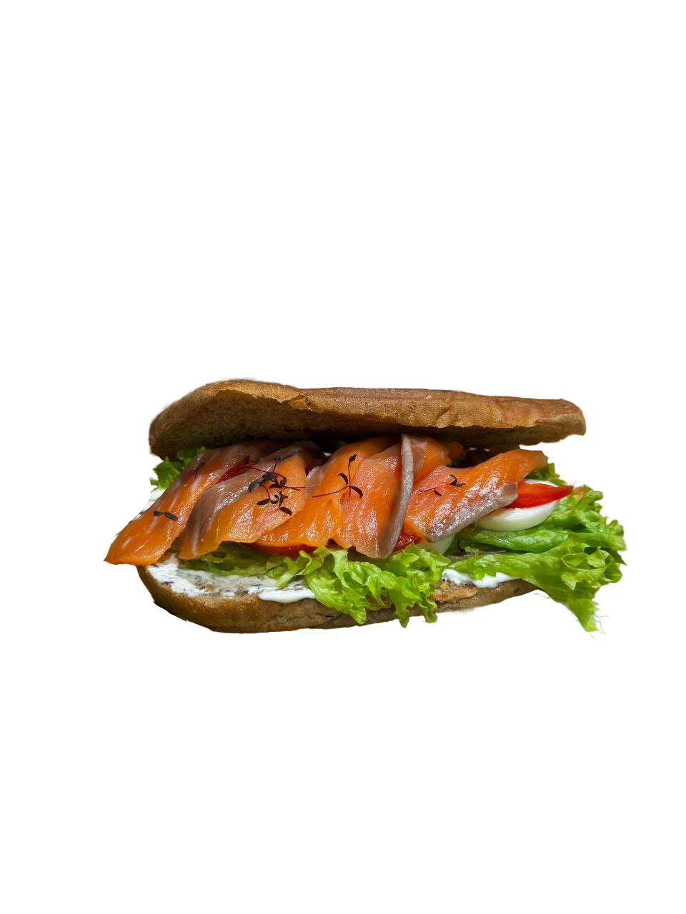 Панини с красной рыбой, творожным соусом и яйцом