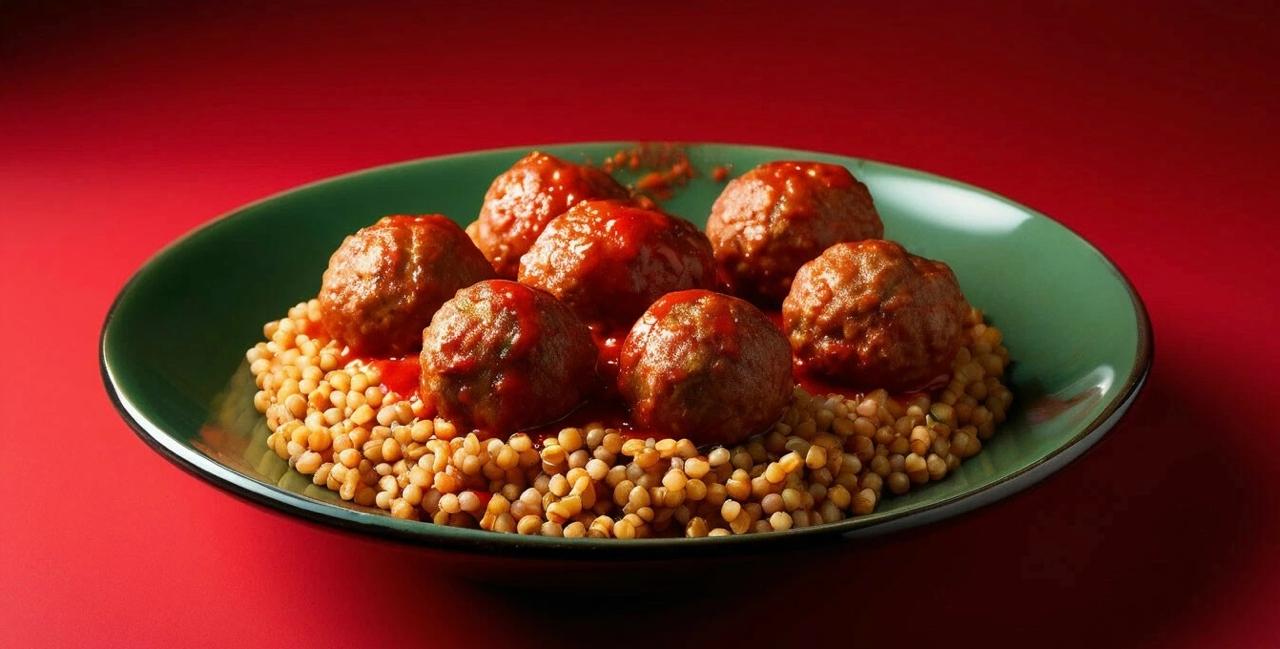 Фрикадельки с гречкой под красным соусом