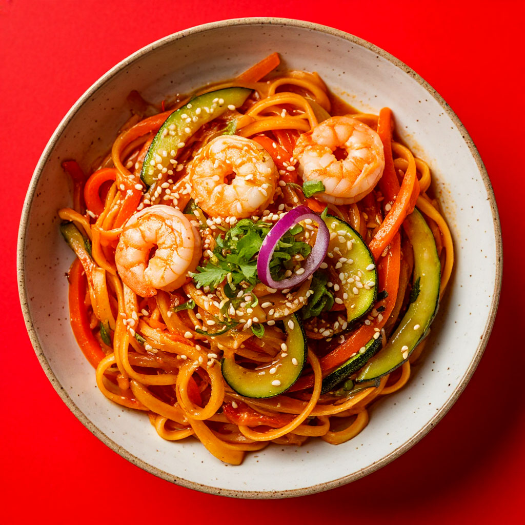 Удон с тигровыми креветкам терияки