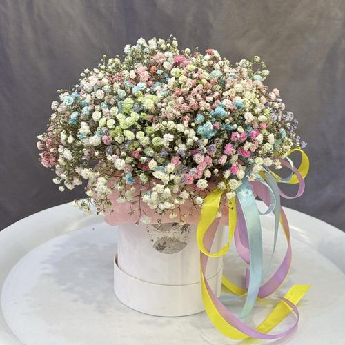 Букет из цветной гипсофилы в белой коробочке (к2058)