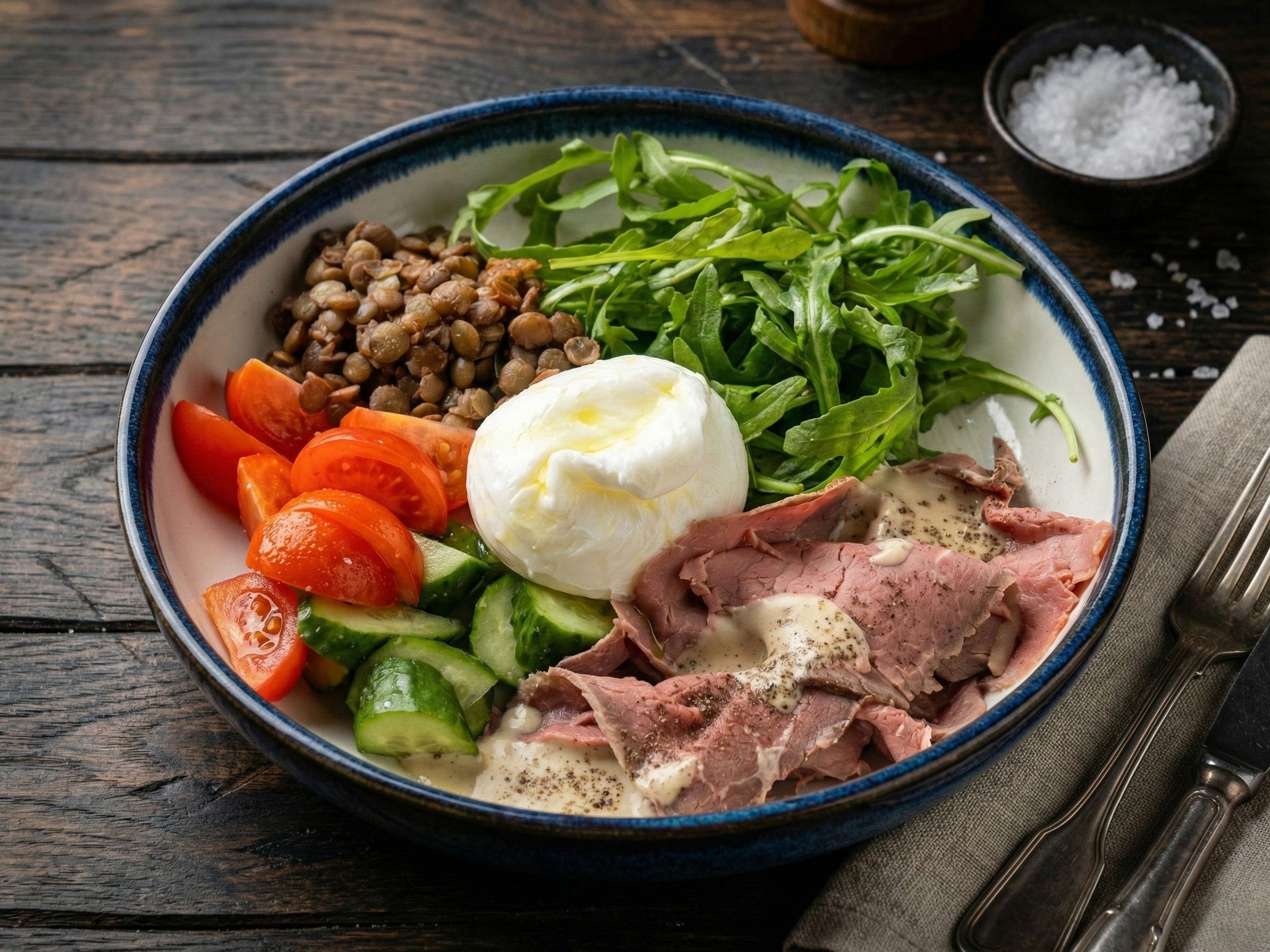 Боул с яйцом пашот и телятиной