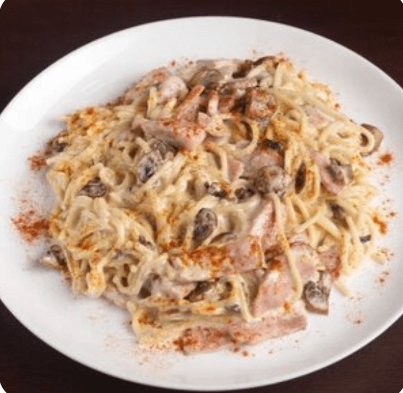 Паста с ветчиной и грибами