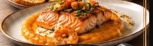 Лосось на тыквеном пюре под сливочным соусом