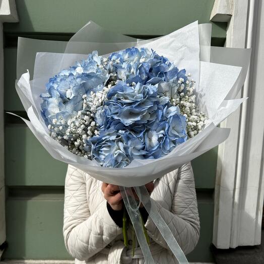 Букет гортензия голубая и гипсофила