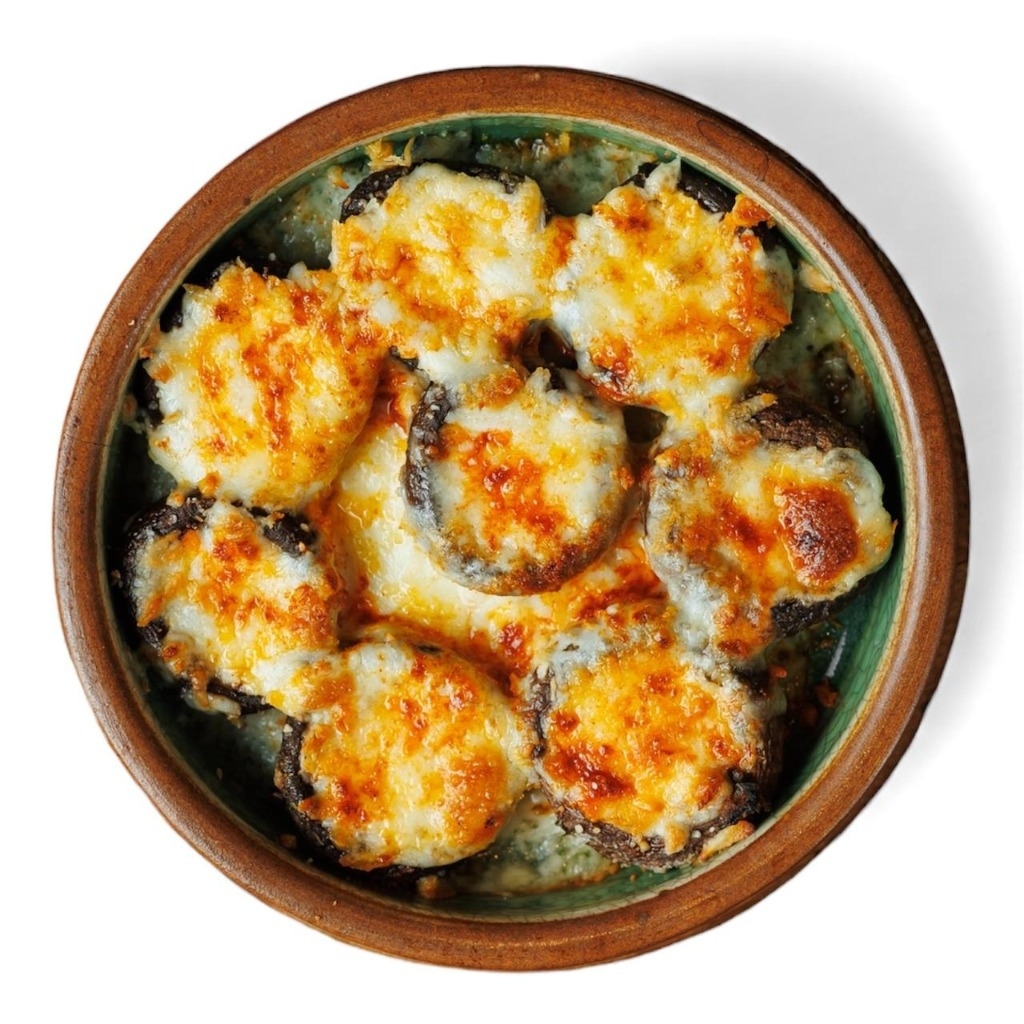 Запеченные шляпки шампиньонов с сулугуни