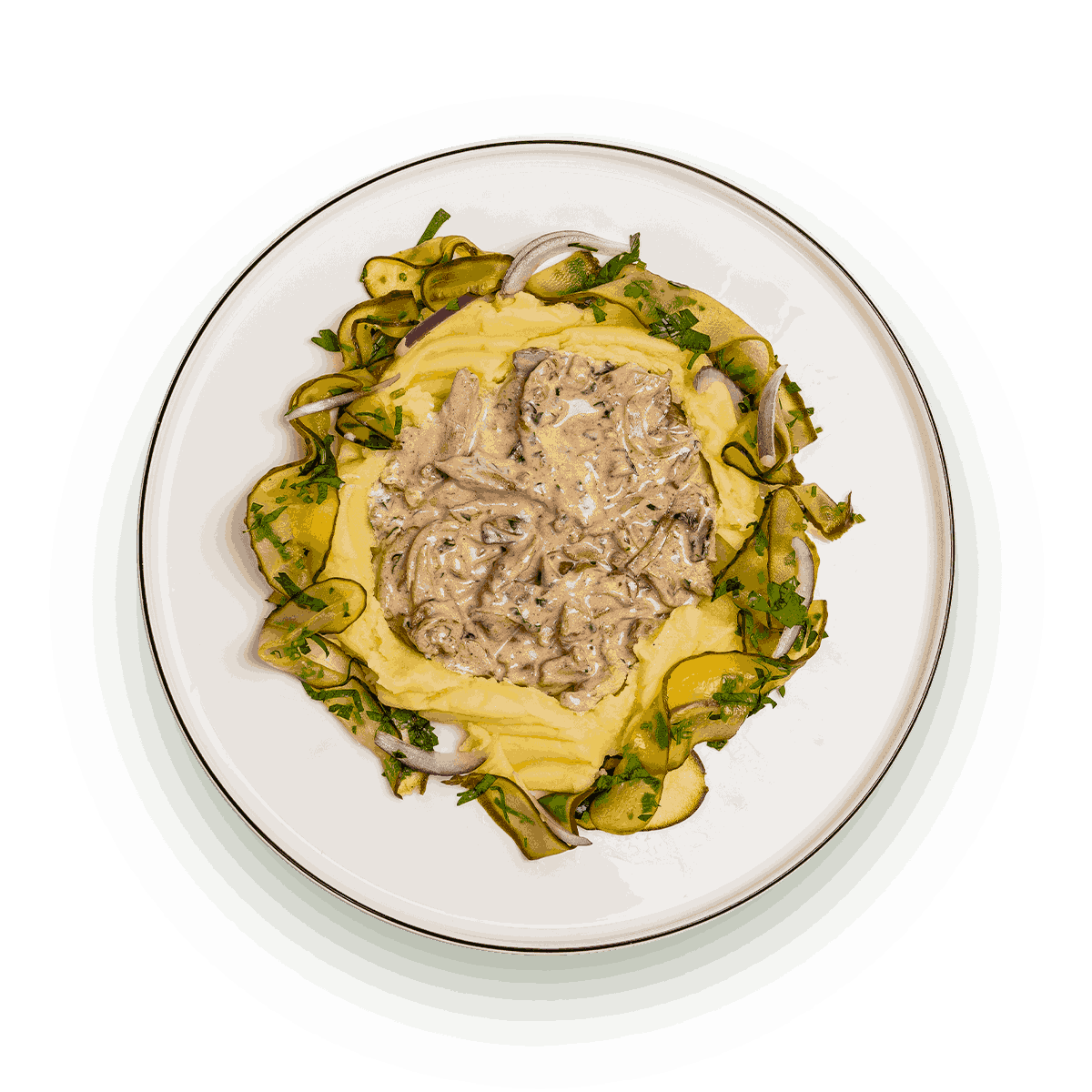 Cтроганов из куриного бедра с картофельным пюре