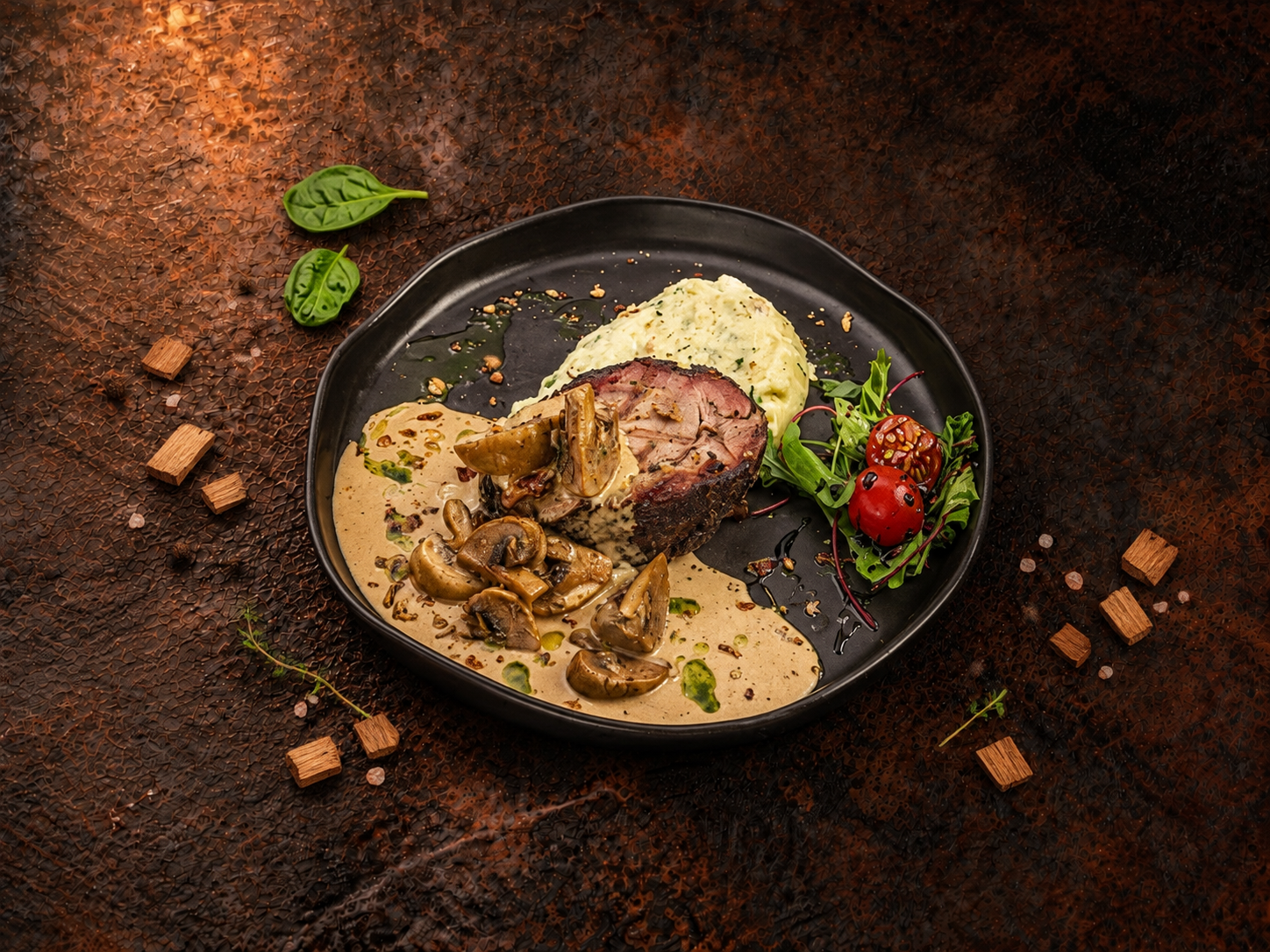 Кусочек мяса из смокера с картофельным пюре со сливочно-грибным соусом