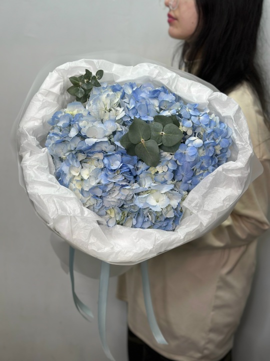 Монобукет из голубых колумбийских гортензий с эвкалиптом 5 штук