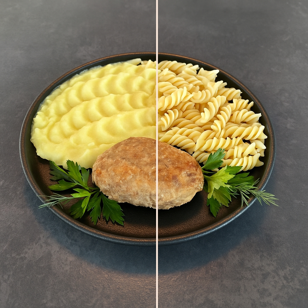 Котлета мясная с макаронами