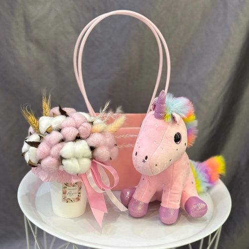 Букет из хлопка в стаканчике с мягкой игрушкой Елинорог розовый