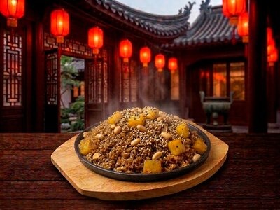 Жареный рис с ананасом и овощами