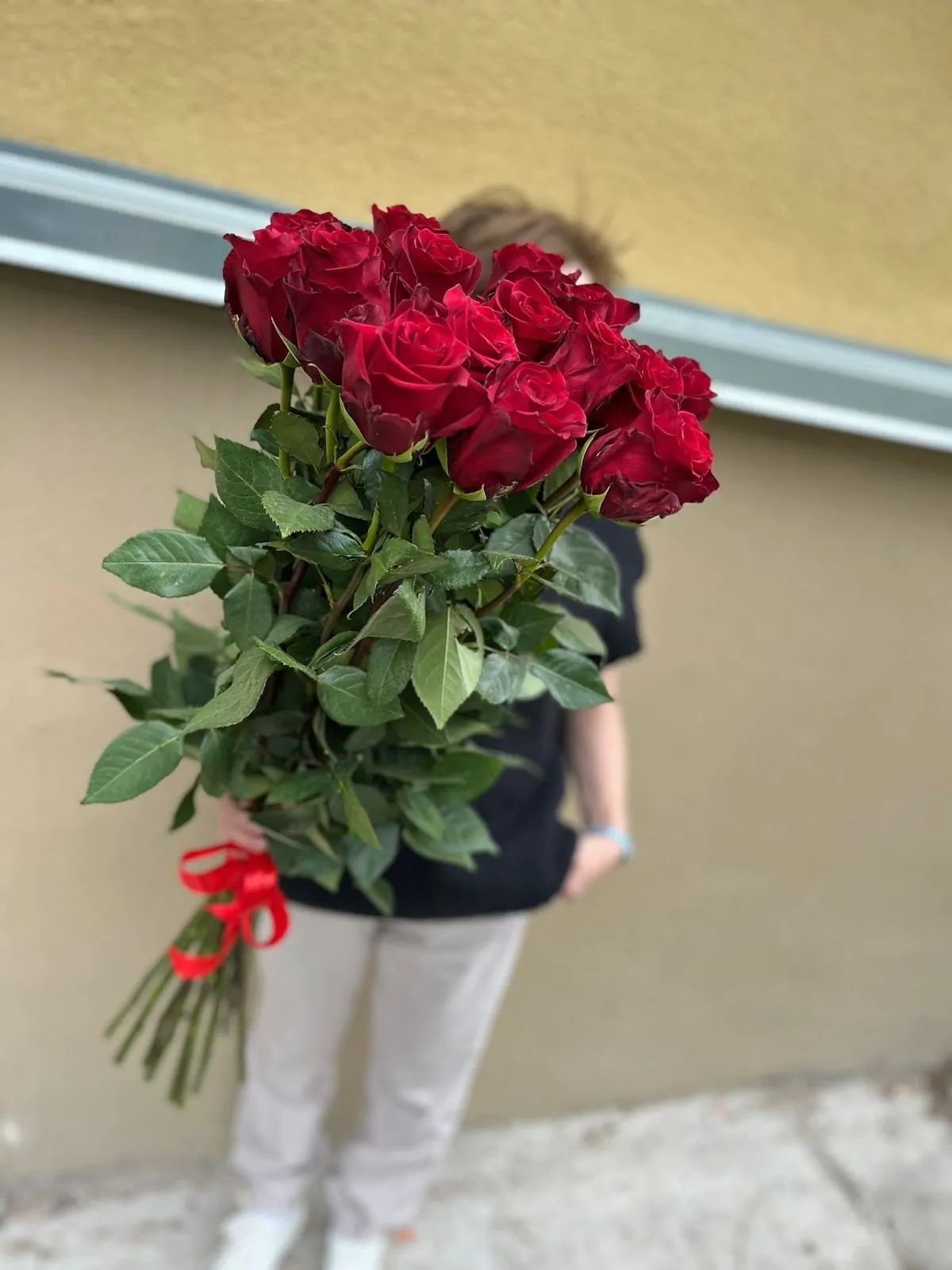 Букет из 15 ярко-красных роз 100 см с алым бантиком