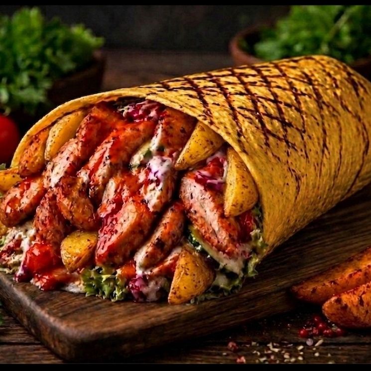 Шаурма с курицей и картофелем по-деревенски в сырном лаваше