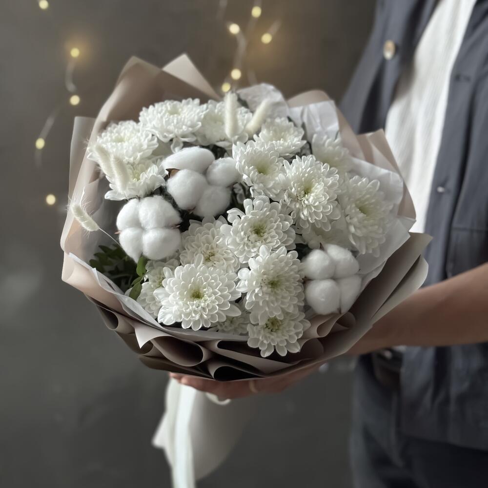 🍀ZIMA! Белый букет с хризантемой и хлопком в стильной упаковке зимний