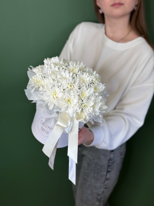 Белоснежная коробочка с пушистой хризантемой