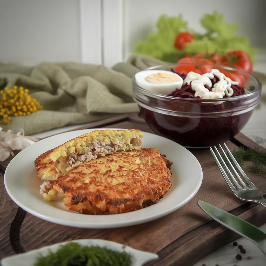 Комбо обед 3: Драники с мясом, Салат Свекла с майонезом и яйцом