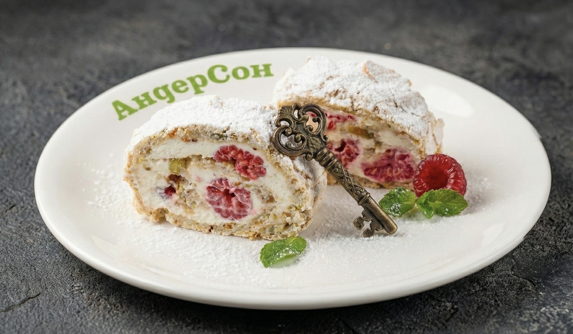 Фисташковый рулет со свежей малиной