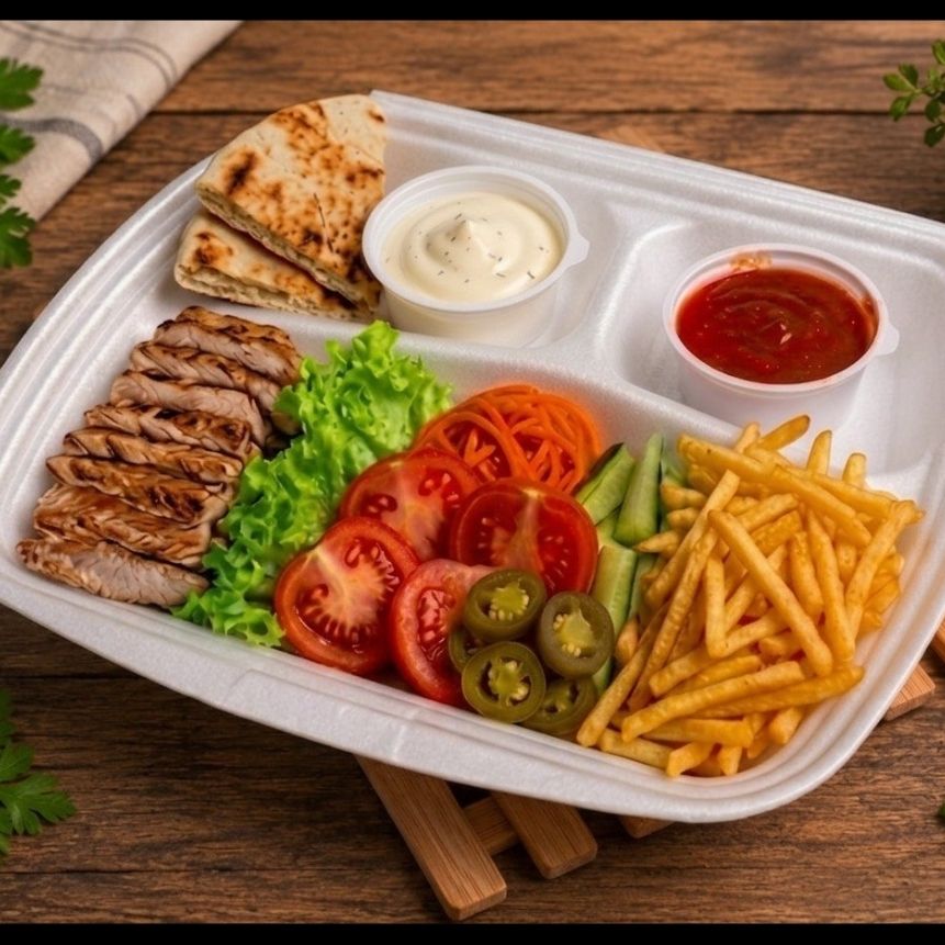 Шаурма на тарелке со свининой и картофелем фри