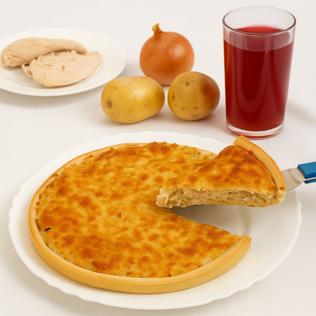 С курочкой , тертым картофелем  и лучком, средний