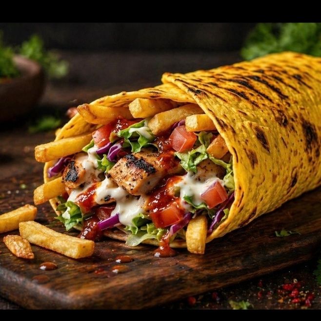 Шаурма с курицей и картофелем фри в сырном лаваше
