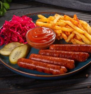 Пряные колбаски с сыром и гарниром