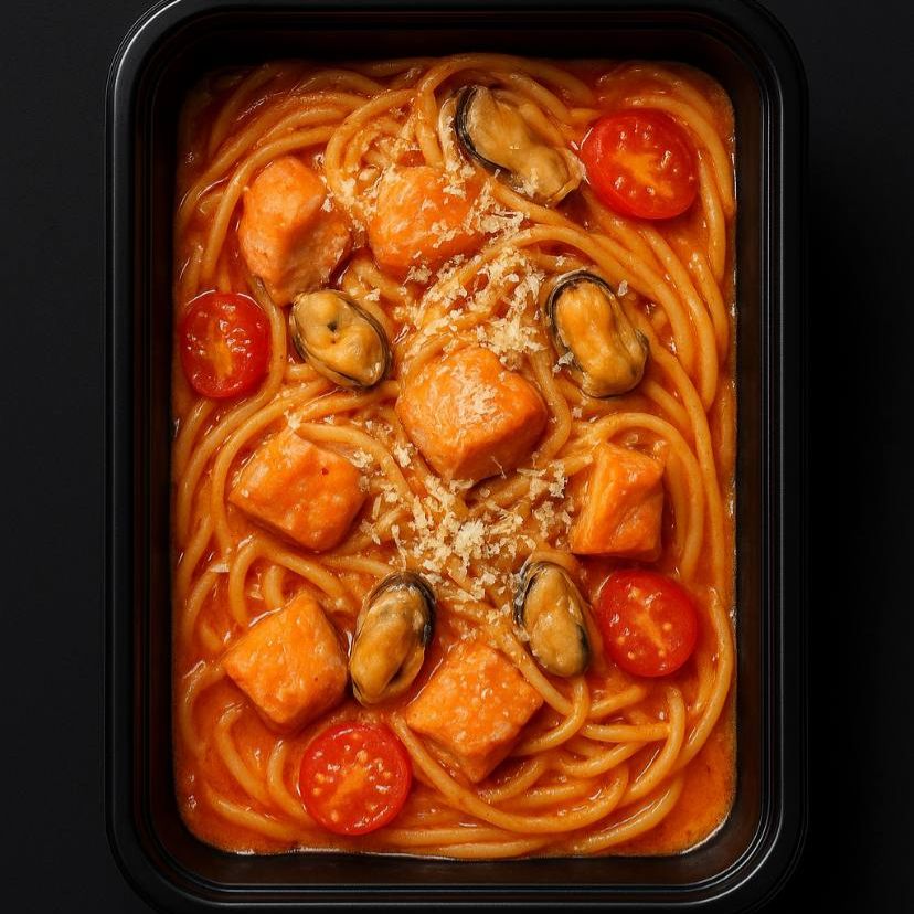 Спагетти с мидиями и лососем