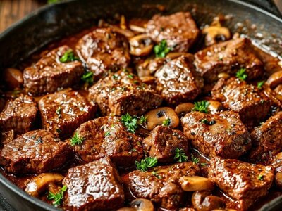Говядина в винном соусе с грибами