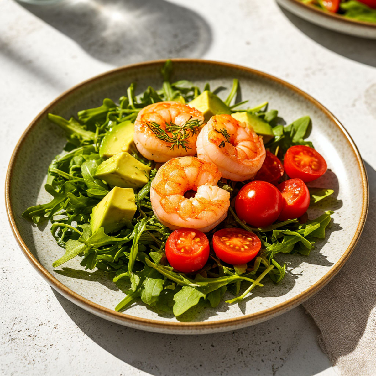 Салат с тигровой креветкой, рукколой, авокадо и томатами