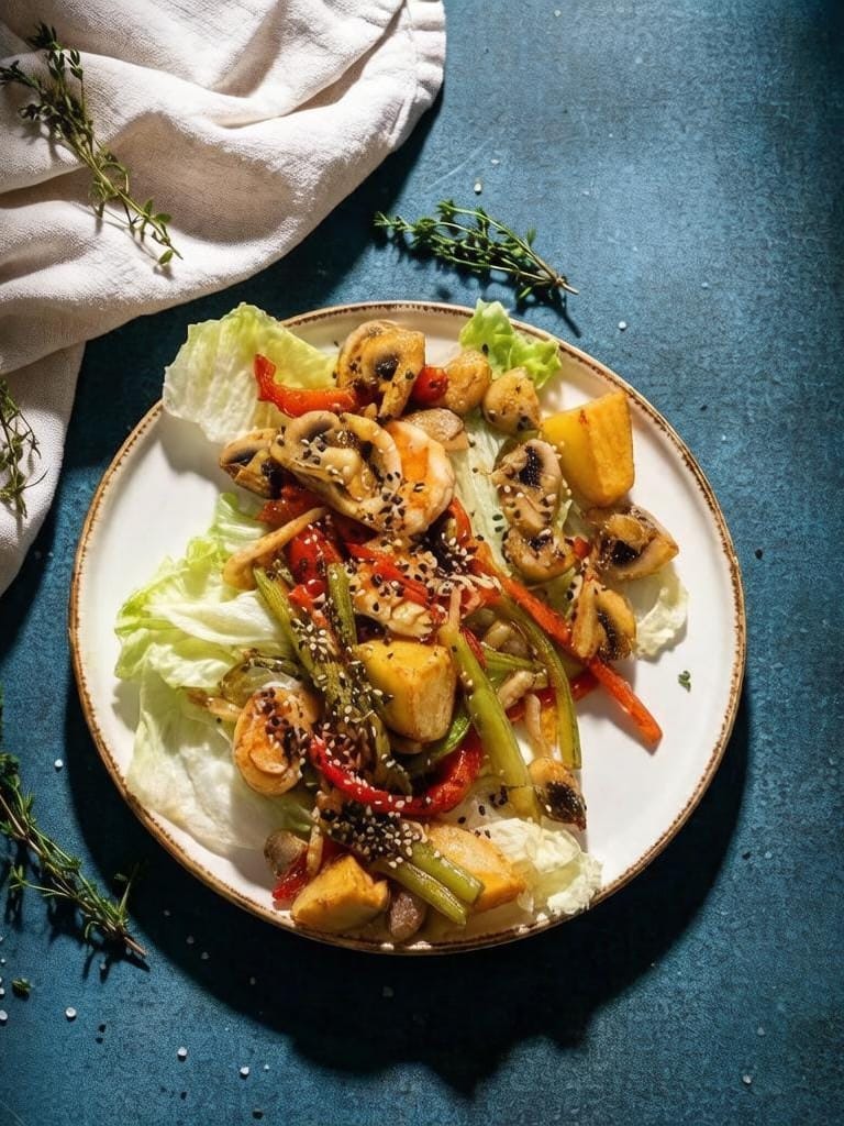 Теплый салат с креветками и кальмарами
