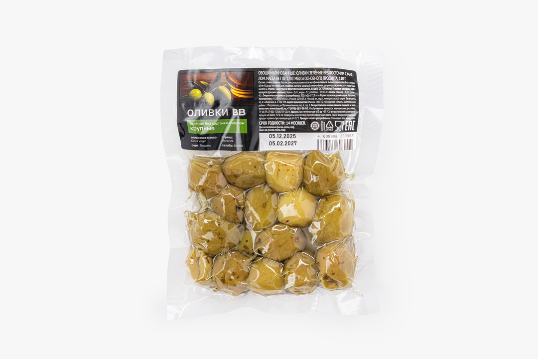 Оливки зеленые без косточки с маслом (крупные), в/у, 120 г