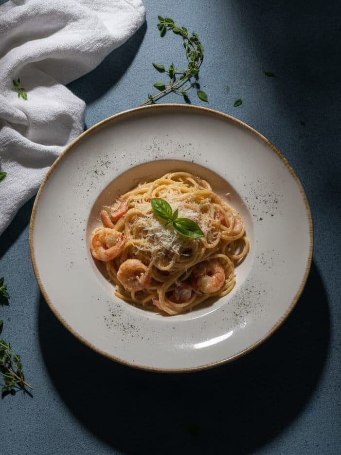 Спагетти с морепродуктами и овощами