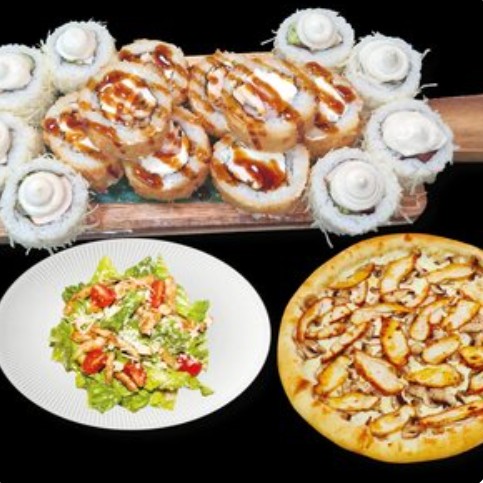 Комби Чикен роллы, пицца и салат Цезарь