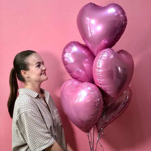 Шары фольгированные 5 сердец розовые