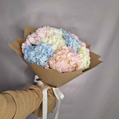 Букет из 9 разноцветных гортензий