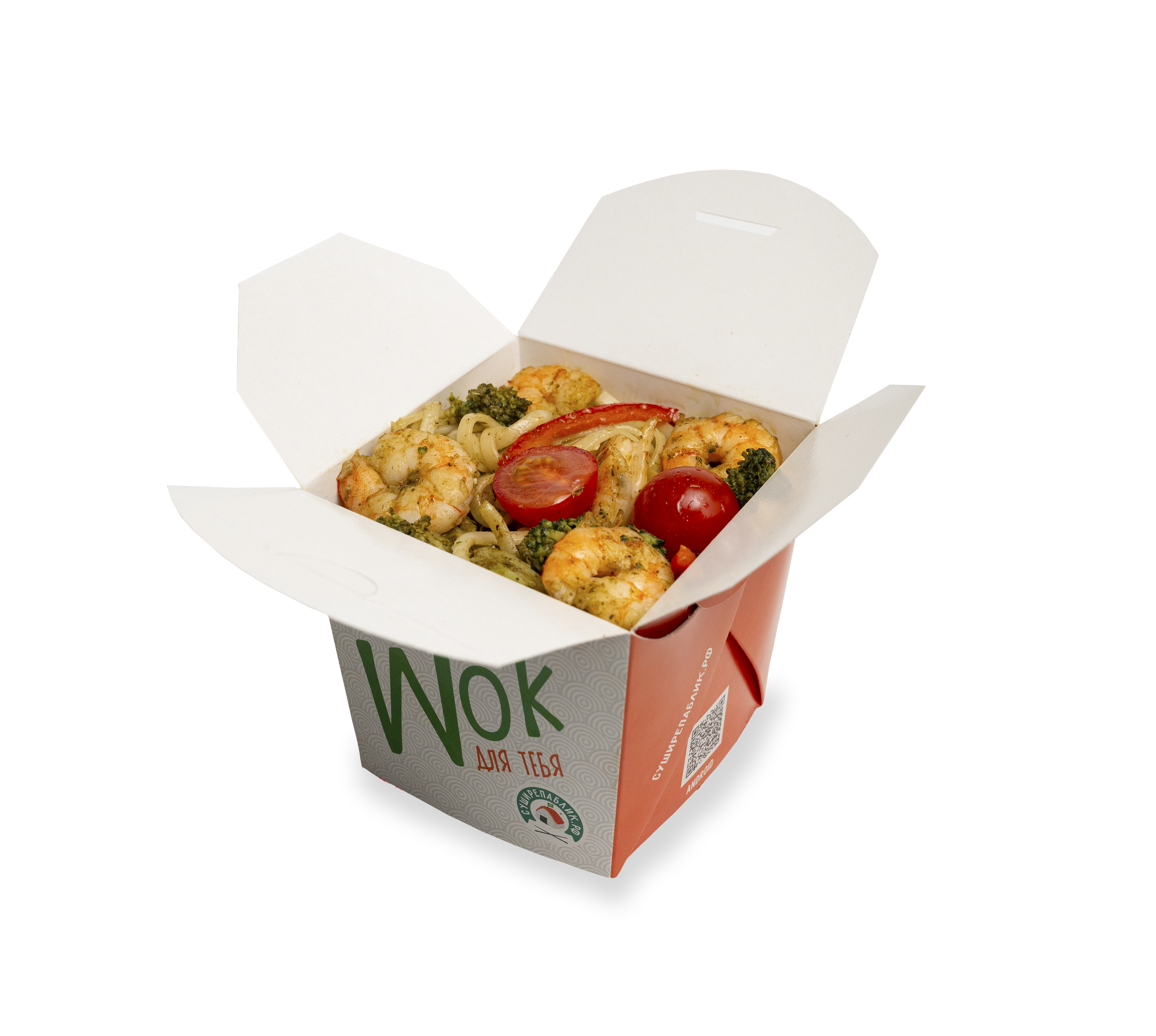 ВОК с креветками под соусом песто