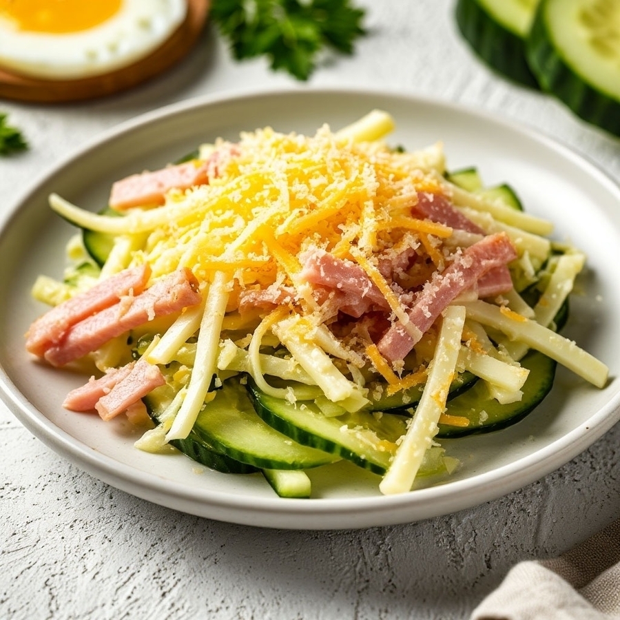 Салат коктейльный c ветчиной из куриного окорока, огурцом, яйцом и сыром