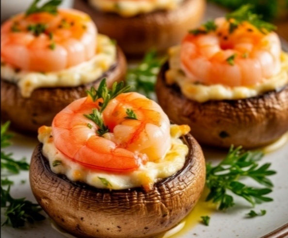 Шампиньоны запеченные с креветками под сырной шапкой