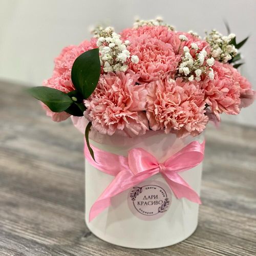 Композиция из диантусов и гипсофилы в коробке (к1793)