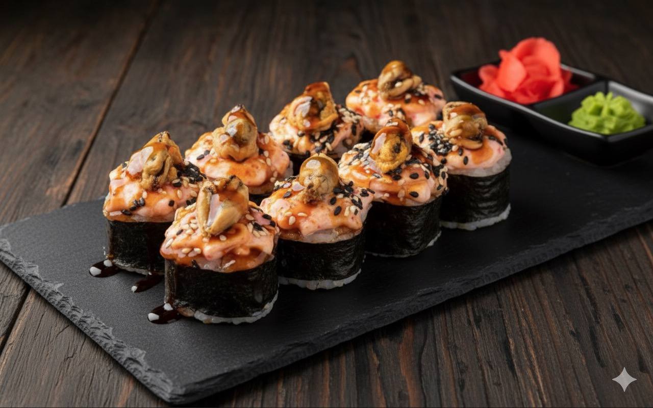 Запеченный с мидиями и с крабом 