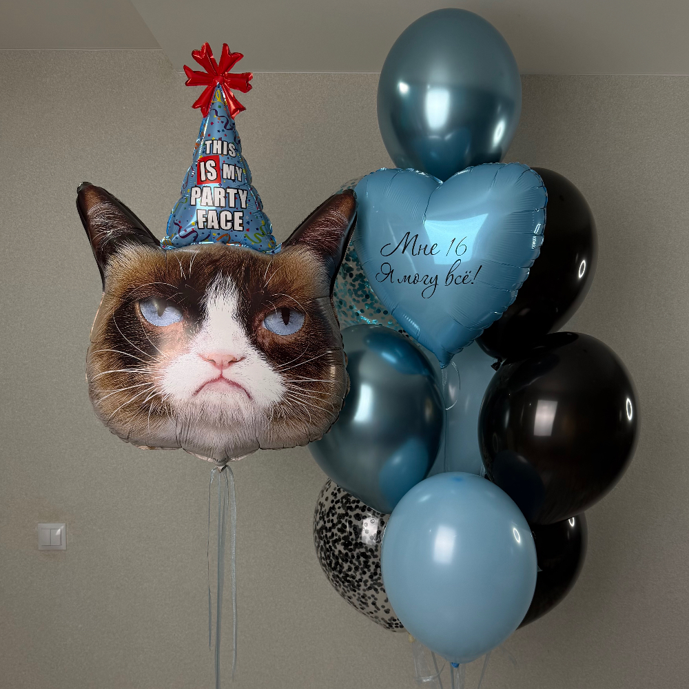 Кот с колпаком и фонтан из шаров с надписью