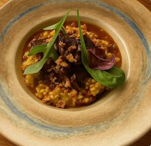 Щечки говяжьи с булгуром и вялеными томатами