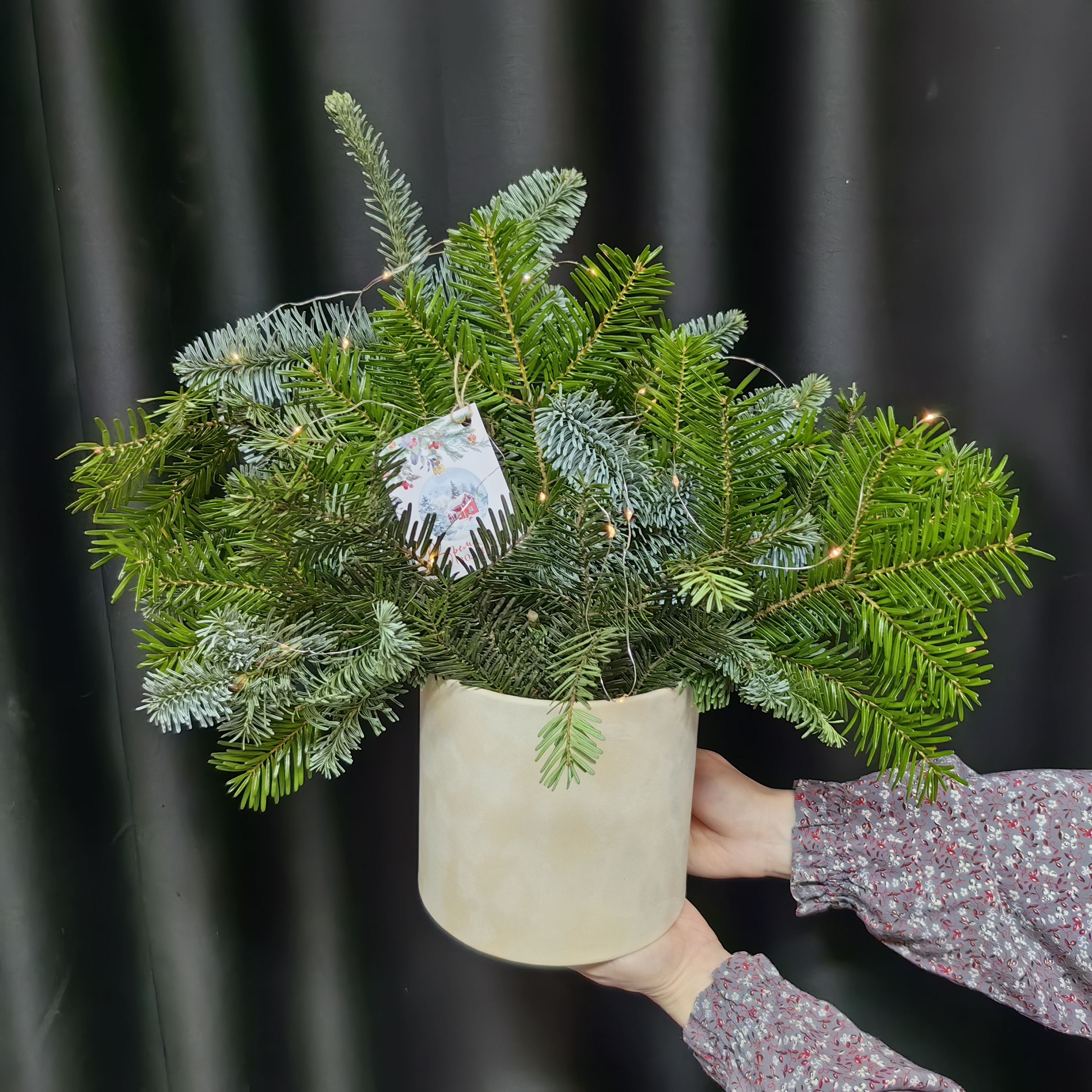 Новогодняя композиция из нобилиса и пихты с электрогирляндой (код 448)